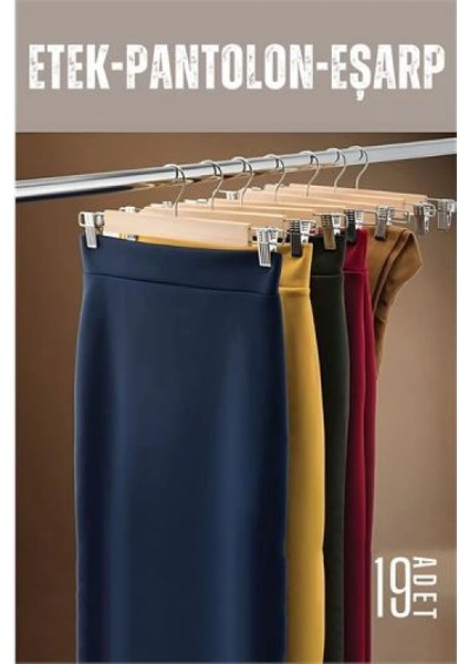 Etek Pantolon Eşarp Kıskaçlı Askı 19 Adet Ahşap fiyatları