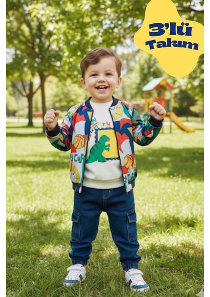 Erkek Bebek Kolej Tarzı 3’lü Takım – Renkli Ceket, Dinozor Desenli Sweatshirt ve Kot Pantolon | %100 Pamuk Bebek Takımı