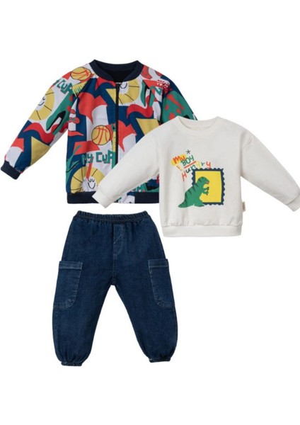 Erkek Bebek Kolej Tarzı 3’lü Takım – Renkli Ceket, Dinozor Desenli Sweatshirt ve Kot Pantolon | %100 Pamuk Bebek Takımı fiyatları
