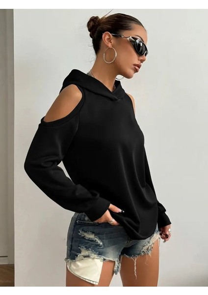 Kadın Uzun Kollu Kapşonlu Omuzlardan Açık Viskon Iki Iplik Bluz modelleri