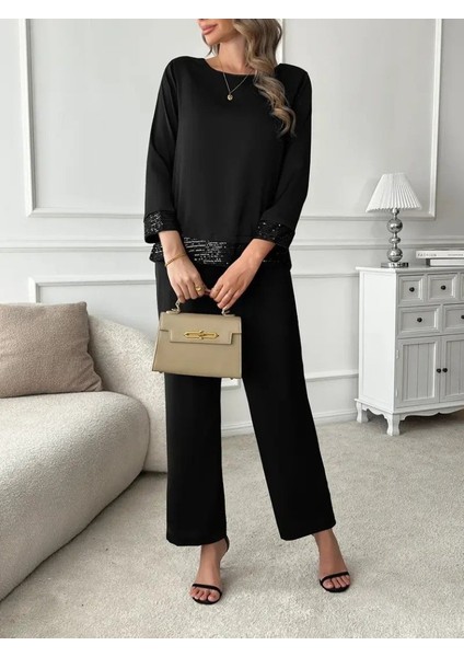 Kadın Uzun Kollu Bisiklet Yaka Pulpayetli Viskon Iki Iplik Bluz ve Pantolon Ikili Takım modelleri