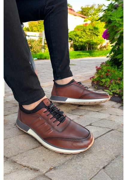 Erkek Kahverengi Deri Spor Ayakkabı Siyah Bağcıklı Şık ve Rahat Günlük Ayakkabı
