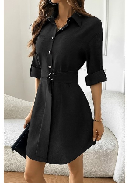 Kadın Uzun Kollu Yakalı Önden Düğmeli Beli Kuşaklı Mini Ithal Keten Elbise fırsatları
