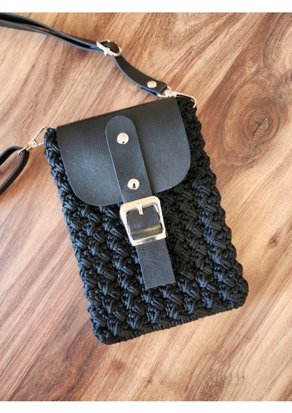 Örgü Telefon Çantası Siyah Deri Kapaklı Askılı