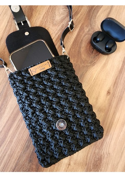 Örgü Telefon Çantası Siyah Deri Kapaklı Askılı fiyatları