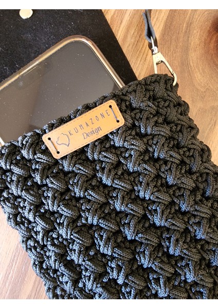 Örgü Telefon Çantası Siyah Deri Kapaklı Askılı modelleri