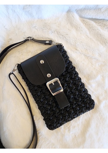 Örgü Telefon Çantası Siyah Deri Kapaklı Askılı fırsatları