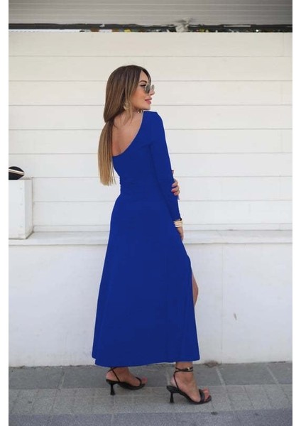 Eyesof Kadın Uzun Kollu Hafif Kayık Yaka Sırt Dekolteli Yırtmaç Detaylı Viskon Tam Boy Elbise fiyatları