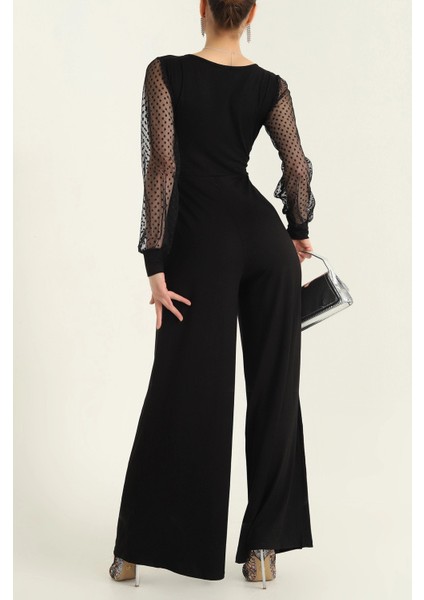 Kadın Derin V Yaka Kolları Puantiyeli Tül Detay Ispanyol Paça Tulum fiyatları