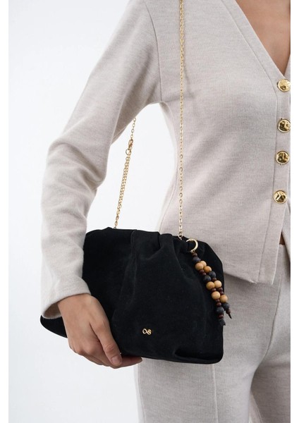 Kadın Büzgülü Çanta Siyah Süet