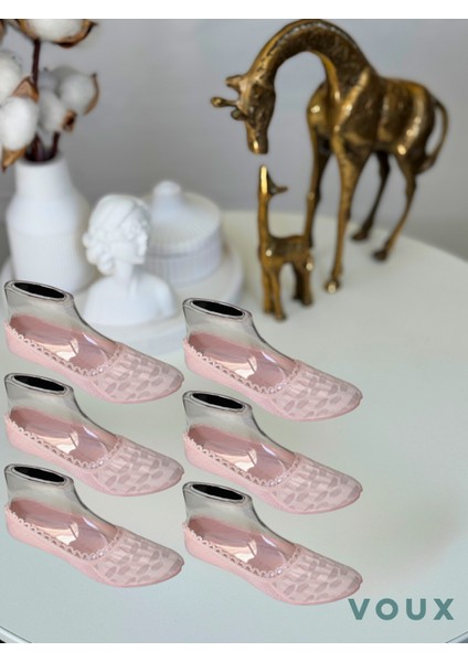 Desenli Pembe Tül Kadın Babet Çorap 6 'lı