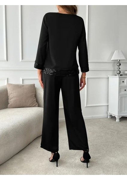 Eyesof Kadın Uzun Kollu Bisiklet Yaka Pulpayetli Viskon Iki Iplik Bluz ve Pantolon Ikili Takım indirimleri