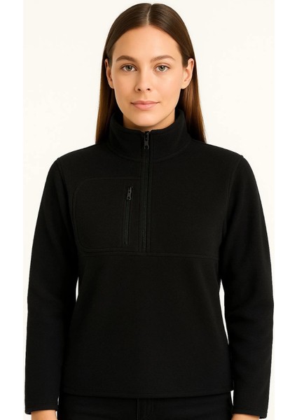 Eyesof Polar Kazak – Dik Yaka, Yarım Fermuarlı, Fermuarlı Göğüs Cepli, Siyah Biyeli, Kışlık Rahat Regular Fit Günlük Model - Siyah