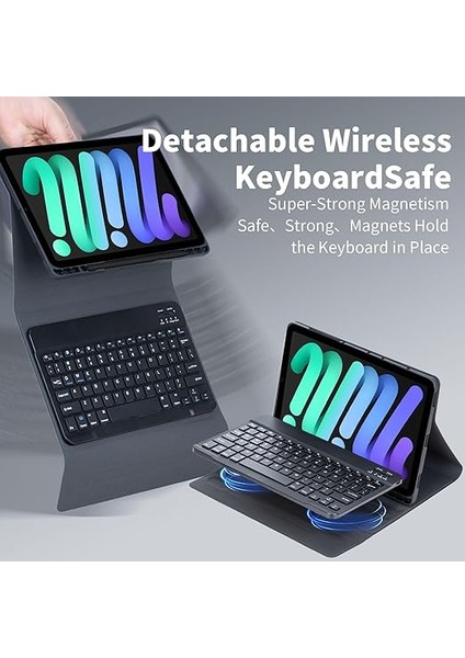 iPad Mini (A17 Pro) 7. Nesil 2024 / iPad Mini 6. Nesil 8.3 Inç, Manyetik Çıkarılabilir Bluetooth Almanca Qwertz Klavye, Kalem Tutuculu ve Fareli, Siyah fırsatları