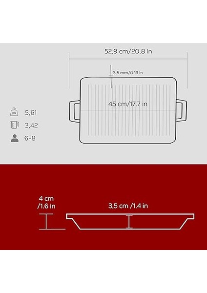 Döküm Dikdörtgen Izgara Tavası Döküm Demir Yekpare Çift Kulplu Ölçü 26X45CM. - Kırmızı indirimleri