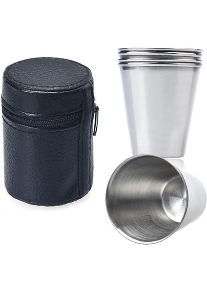 Kılıflı 4 Adet 70 Ml. Çelik Shot Kahve Kamp Bardağı DF37