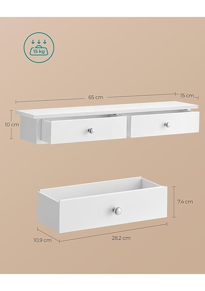 Duvar Rafı, 2 Çekmeceli Asma Raf, Parlak Yüzey, 15 Kg'a Kadar Taşıma Kapasitesi, 65 x 15 x 10 Cm, Koridor, Oturma Odası ve Mutfak, LWS65WT, Ahşap modelleri