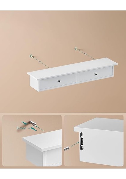 Duvar Rafı, 2 Çekmeceli Asma Raf, Parlak Yüzey, 15 Kg'a Kadar Taşıma Kapasitesi, 65 x 15 x 10 Cm, Koridor, Oturma Odası ve Mutfak, LWS65WT, Ahşap indirimleri