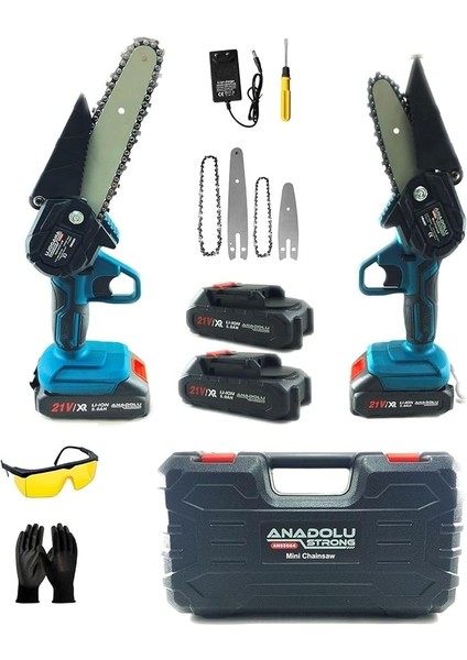 Strong Uzun-Kısa Pala ve Zincir 2x Akü Çantalı Şarjlı Dal Kesme Budama Testere Makine Uzun Pala