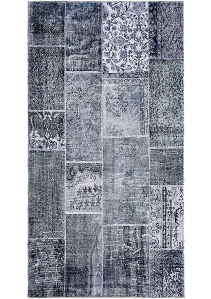 Kadife Patchwork Halı - Gri - 80X150 cm