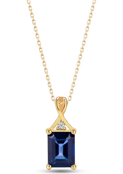 925 Ayar Gümüş Safir Baget Kesim Pırlanta Detaylı Kolye Kadın Hediyelik Altın Rose Kaplama