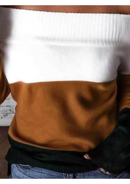 Kadın Uzun Kollu Omuzlardan Açık Uzun Kollu Blok Çizgili Triko Bluz fiyatları