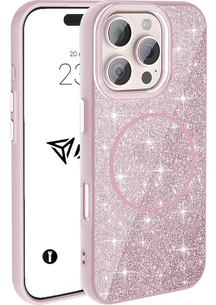 iPhone Kılıf M-Safe Şarj Özellikli Parlayan Simli Sararmaz Kılıf (Pembe, iPhone 16 Pro Max)