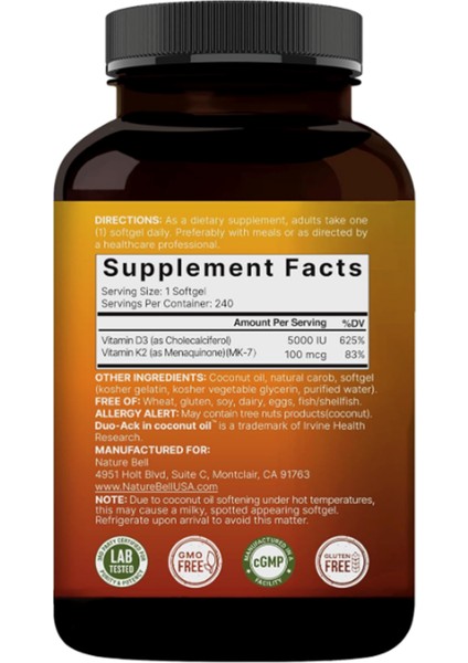 Vitamin D3 5,000 Iu + K2 100 Mcg, 240 Softgels Daily 2-In-1 Formula With Virgin Coconut Oil Bone, Heart & Immune Support Mk-7 Form. fiyatları