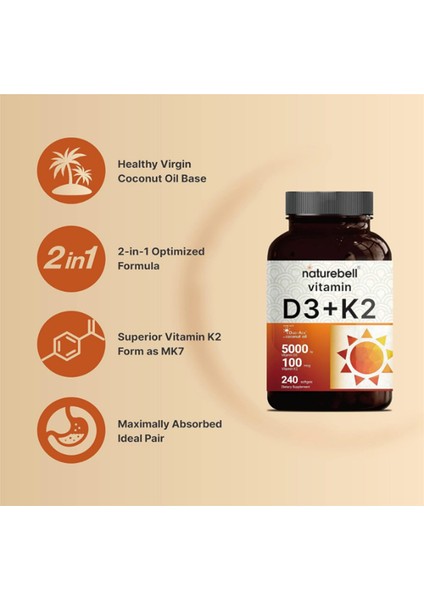 Vitamin D3 5,000 Iu + K2 100 Mcg, 240 Softgels Daily 2-In-1 Formula With Virgin Coconut Oil Bone, Heart & Immune Support Mk-7 Form. indirimleri