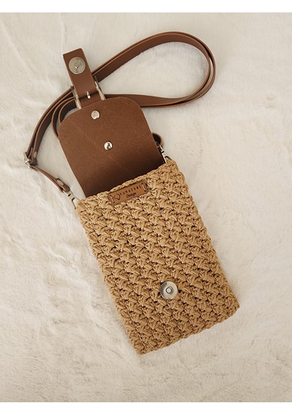 Örgü Telefon Çantası Taba Deri Kapaklı Askılı