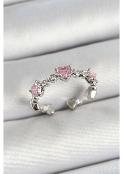 Pirinç Sıralı Kalp Figürlü Zirkon Taşlı Gümüş Renk Ayarlanabilir Kadın Yüzük