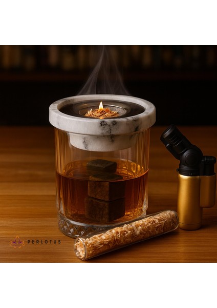 Kadeh Bardaklı 4’lü Mermer Viski Taşıyla Premium Menekşe Mermer Kokteyl Viski Tütsüleme Seti