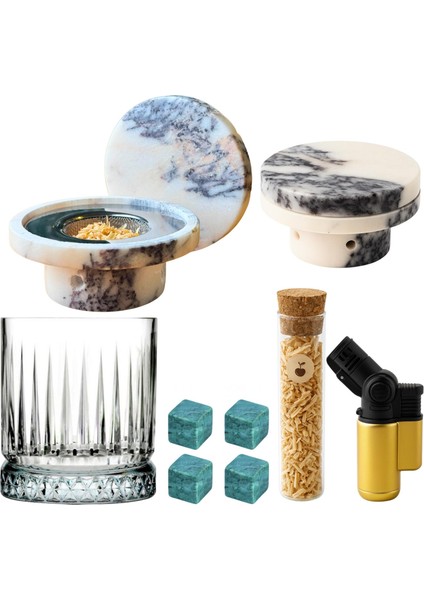 Kadeh Bardaklı 4’lü Mermer Viski Taşıyla Premium Menekşe Mermer Kokteyl Viski Tütsüleme Seti fiyatları