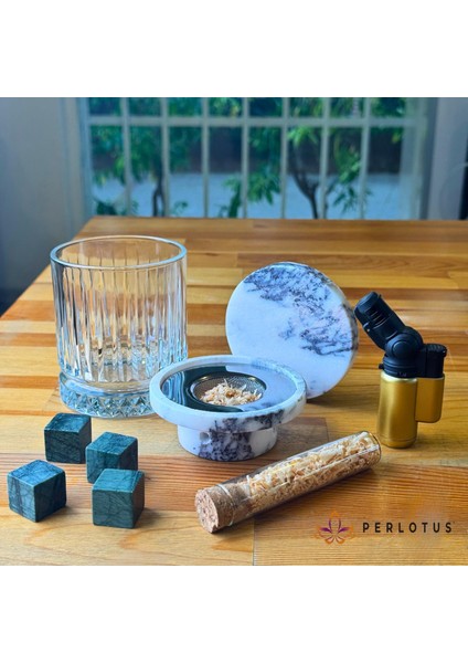 Kadeh Bardaklı 4’lü Mermer Viski Taşıyla Premium Menekşe Mermer Kokteyl Viski Tütsüleme Seti fırsatları