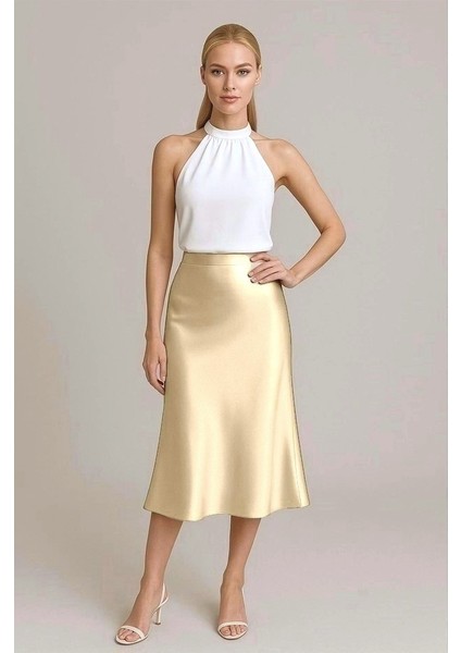Gold Krem Midi Boy Saten Etek Beli Lastikli Midi Etek