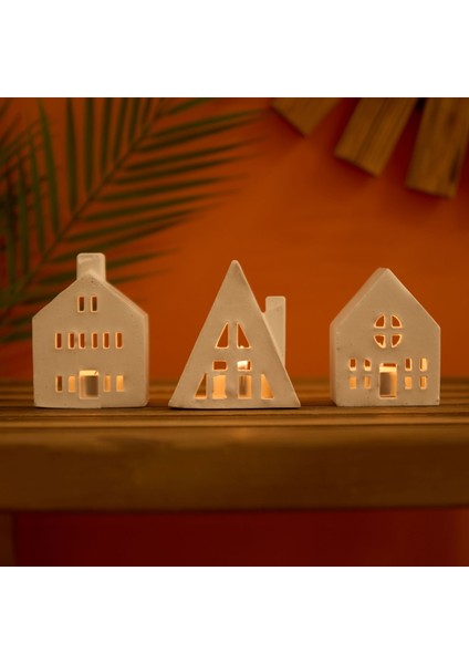 Deco 3'lü Ev Şekilli Mumluk Seti - Beyaz - 19 cm