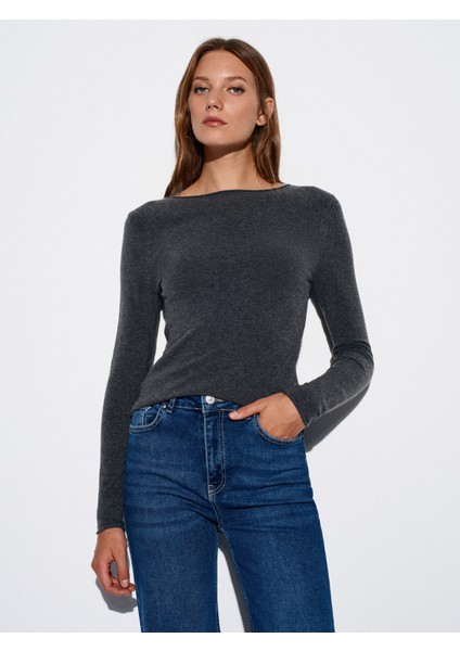 10840 Kayık Yaka Kaşmir Karışımlı Kazak-Füme M.