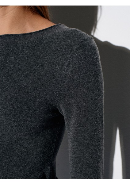 10840 Kayık Yaka Kaşmir Karışımlı Kazak-Füme M. fırsatları