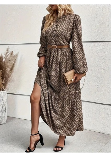 Kadın Uzun Kollu Hakim Yakalı Düğmeli Kemersiz Desenli Maxi Süprem Elbise modelleri
