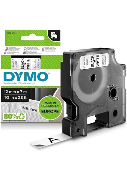 D1 Yedek Şerit, 12 mm x 7 Mt, Beyaz/siyah (45013)