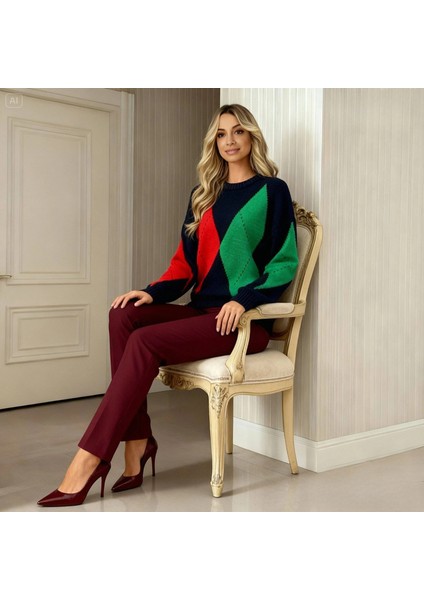 Kadın Baklava Desen Şık Bisiklet Yaka Bisiklet Yaka Kazak