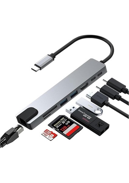 8'li Usb-C Hub Dönüştürücü, MacBook Pro/air Uyumlu, 4K HDMI + 3 USB 3.0 + Type-C Pd + Sd/microsd Kart Okuyucu, Gümüş