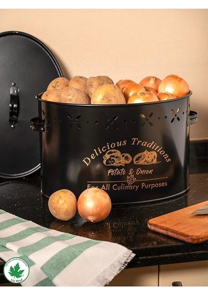 Metal Büyük Boy Bölmeli Lüx Patates Soğan Kovası Siyah Renk