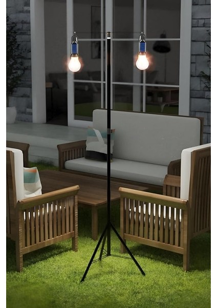 2 Lambalı, Askılı, 3 Modlu, Şarjlı, LED Solar Güneş Enerjili, 2 mt Metal Standlı, Su Geçirmez, Kitap Okuma Işığı, Kamp, Avcılık, Balıkçılık, Garaj, Güverte, Balkon Dekorasyonu, (Yuvarlak)