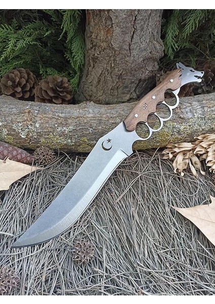 Yıldız Kurt Başlı Ele Geçmeli Kabze 39CM Ayna Yüzey Ormancı Av Bıçağı