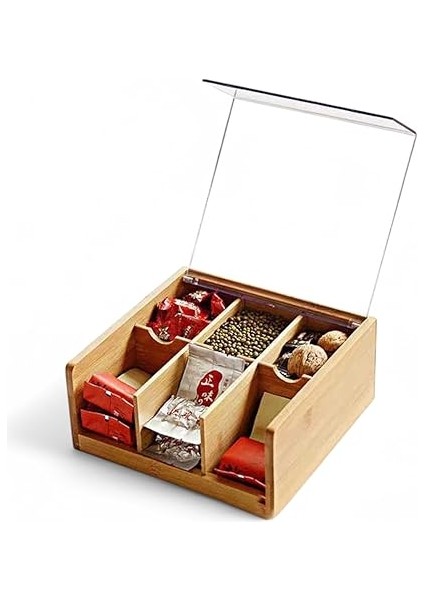 Akrilik Şeffaf Kapaklı Bambu 6 Bölmeli Çay Kutusu -%100 Orjinal Bambu Şeffaf Kapak (22CM*22CM*10CM) modelleri