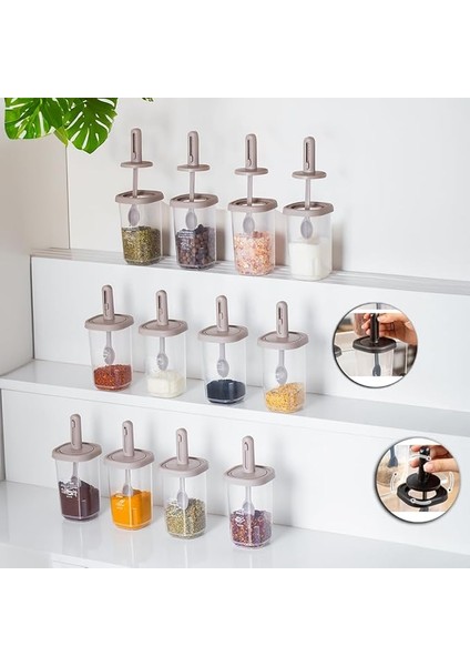 1100 Kaydırmalı Kaşıklı Sızdırmaz Kapaklı Etiketli 12'li Baharatlık Seti Saklama Kabı Şeffaf Cappuccino
