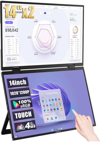 Z14W 14" 1920 * 1200@60Hz Full Hd Ads-Ips Panel Type-C 100% Srgb 300CD/M² Dokunmatik, Çift Ekran Taşınabilir Monitör (ZL-Z14W)