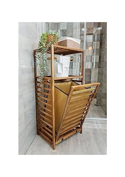 Ceviz Rengi Ahşap Kirli Sepetli Banyo Düzenleyici Raf – CVZ01 modelleri