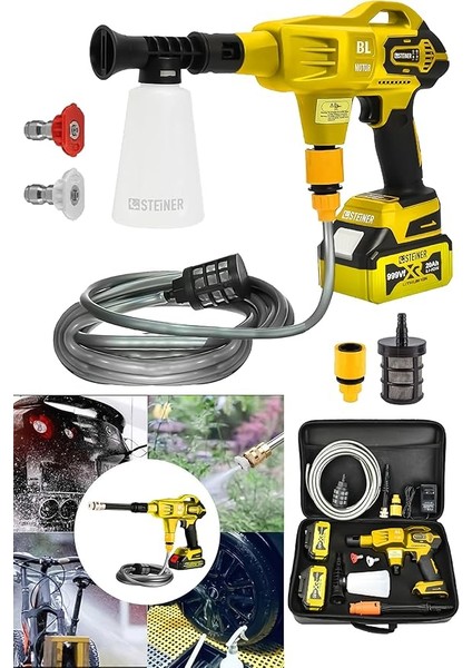 Alman 999 Vf 20 Ah 100 Bar Kömürsüz Şarjlı Oto Yıkama Makinesi Çift Akülü Bahçe Yıkama Makinası Sarı